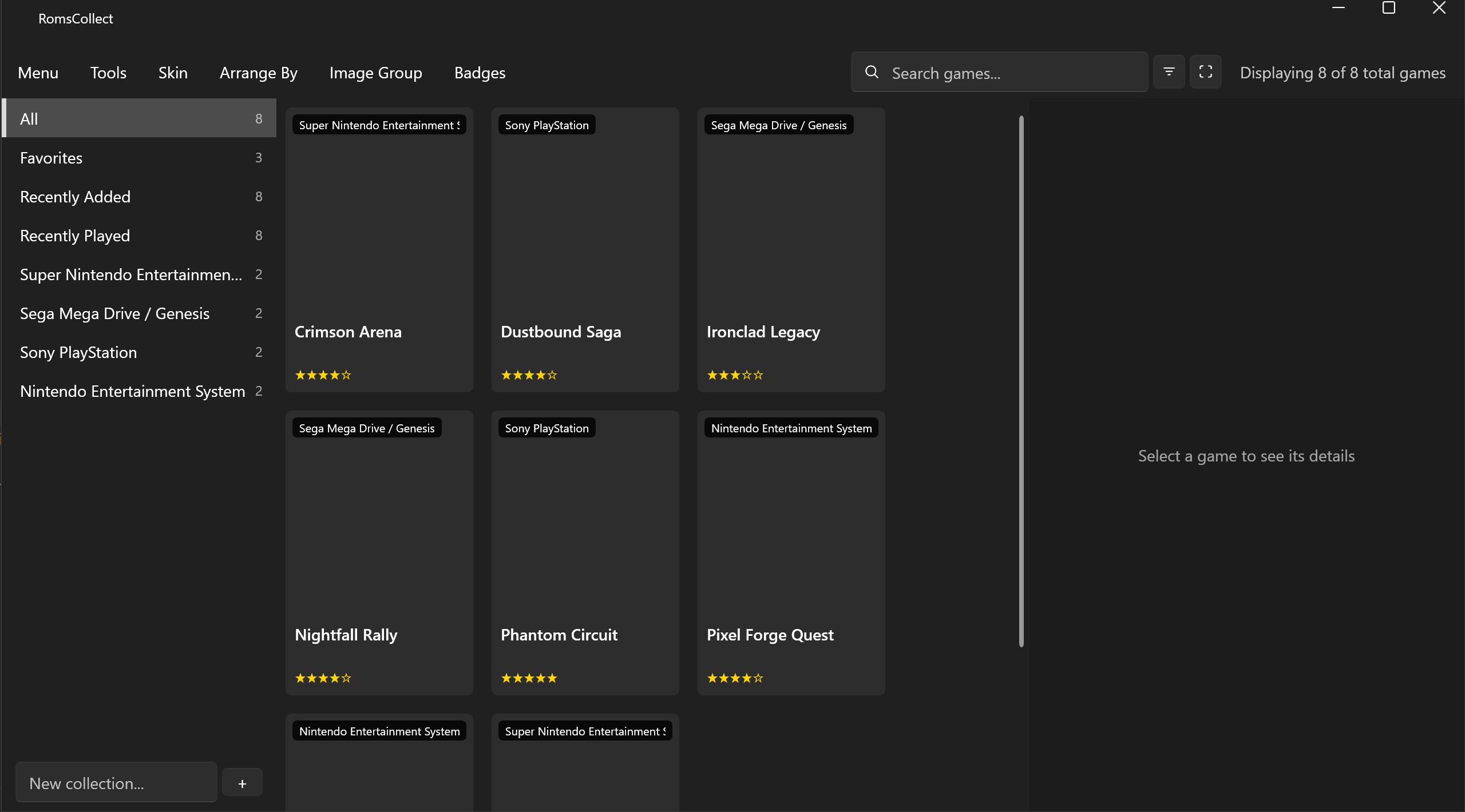 RomsCollect main window — grid view with sidebar systems and games catalog