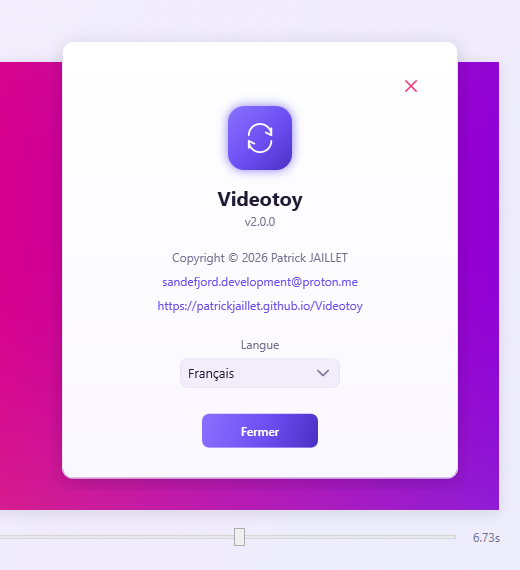 Videotoy About window showing the logo, the version, the copyright, and the language selector.