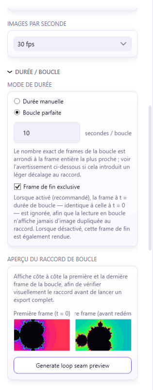 Loop-seam preview panel, export presets, and frame count / file size estimate.