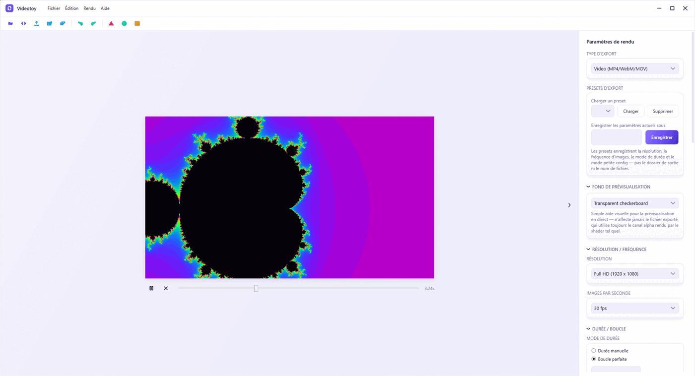 Videotoy main window showing a live preview of a fractal shader and the render settings panel, in perfect loop mode.