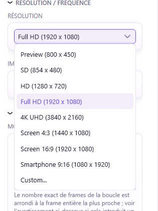 Resolution dropdown showing Preview, SD, HD, Full HD, 4K UHD, 4:3 screen, 16:9 screen, 9:16 smartphone, and custom resolution presets.