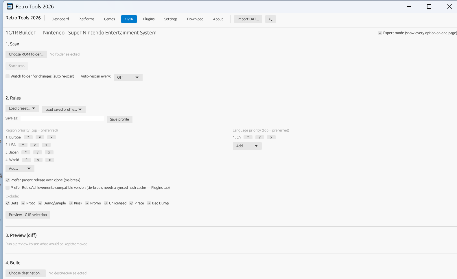 1G1R builder screen with scan, rules, preview and build steps